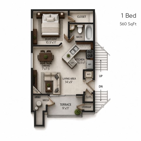 Floor plan for 1 bed, 1 bath, 560 sqft